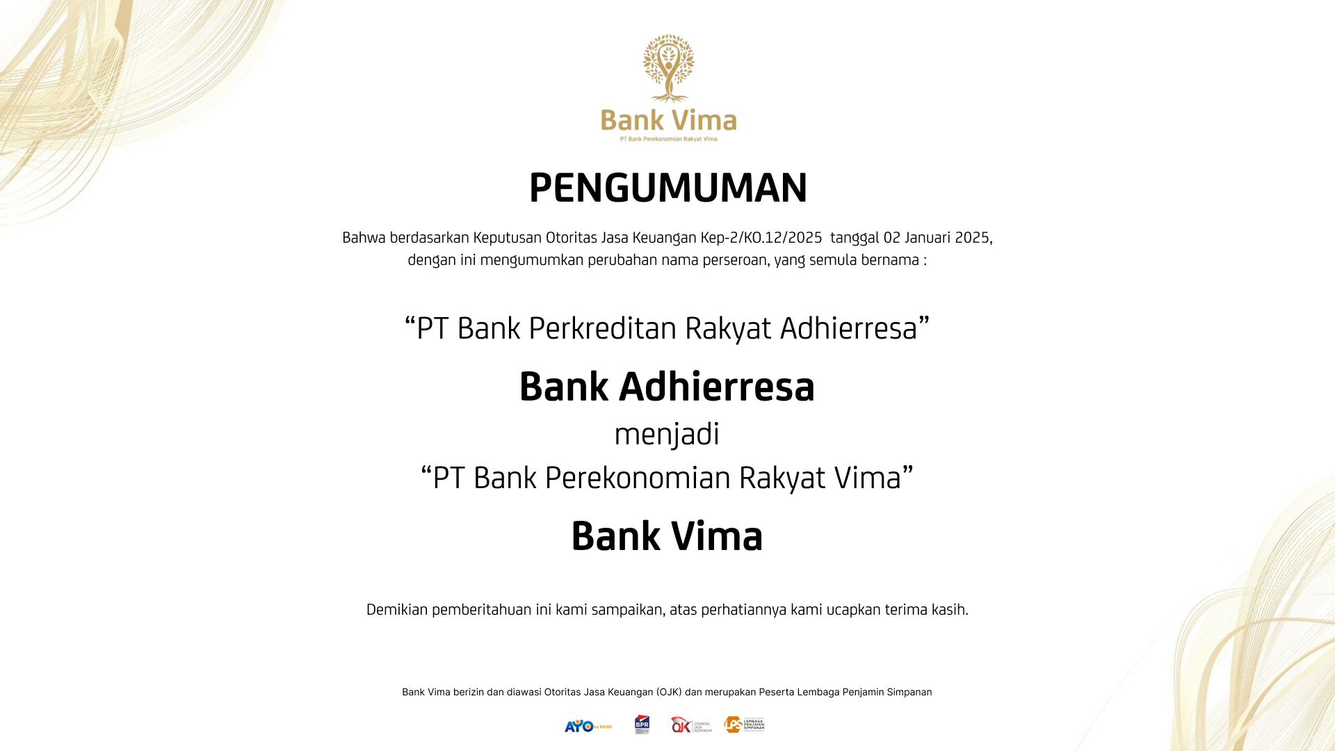 Perubahan Nama dan Logo PT Bank Perkreditan Rakyat Adhierresa menjadi PT Bank Perekonomian Rakyat Vima
