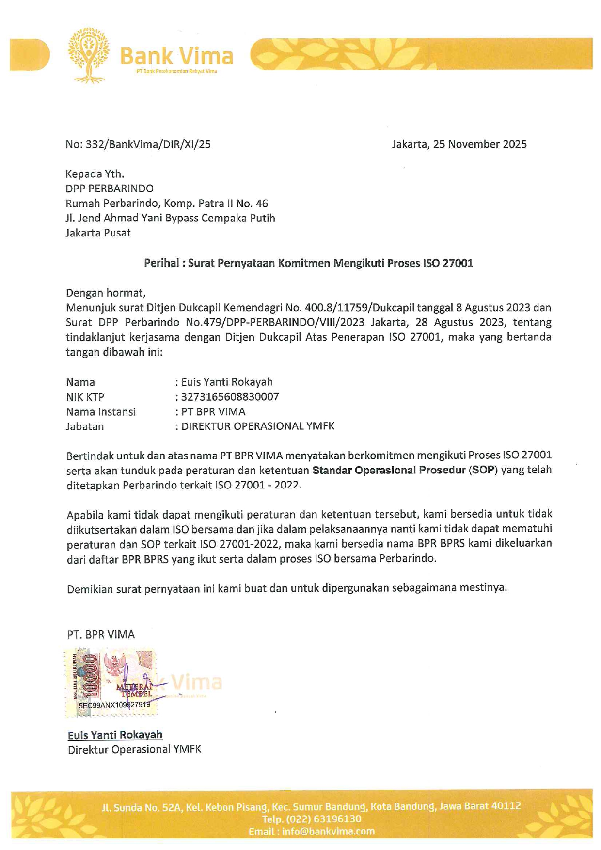 Surat Pernyataan Komitmen Mengikuti Proses ISO 27001